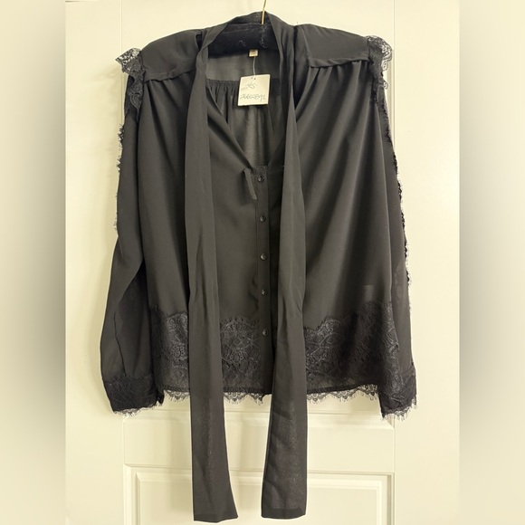 Anthropologie Black Lace Trim Tie Blouse Witchy Whimsy Victorian XS - Picture 2 of 12